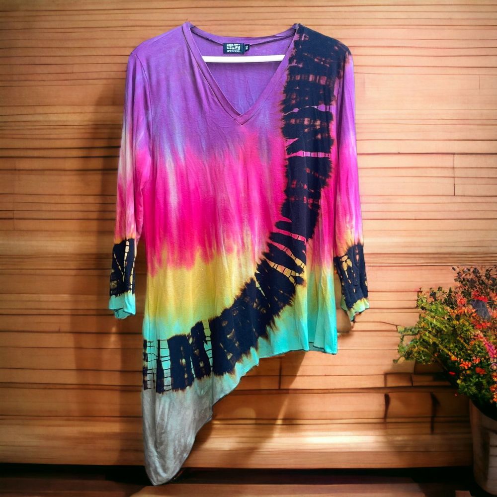 Art of Cloth XS Tie Dye Lagenlook Artsy Asymmetrical Hem Tunic Top